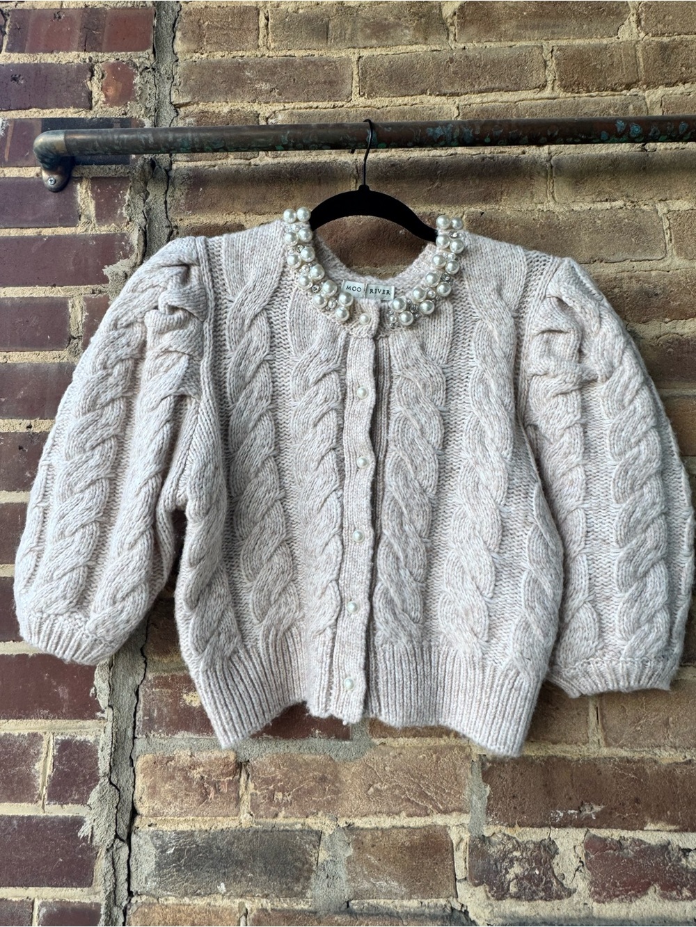 Moon River Pearl-Embellished Cable Knit Cardigan in Light Beige